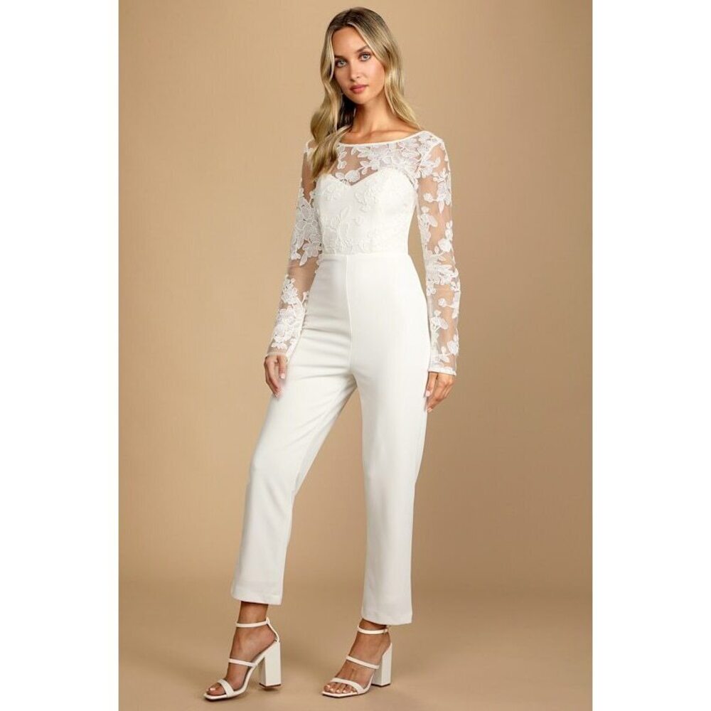 Lulus Write Your Own Romance White Embroidered Long Sleeve Jumpsuit - Size S